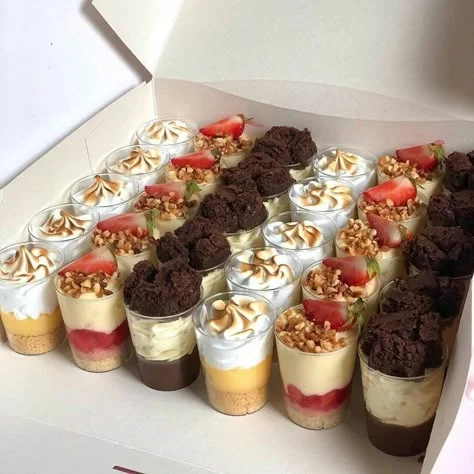 Postres individuales en vasitos con fruta y chocolate